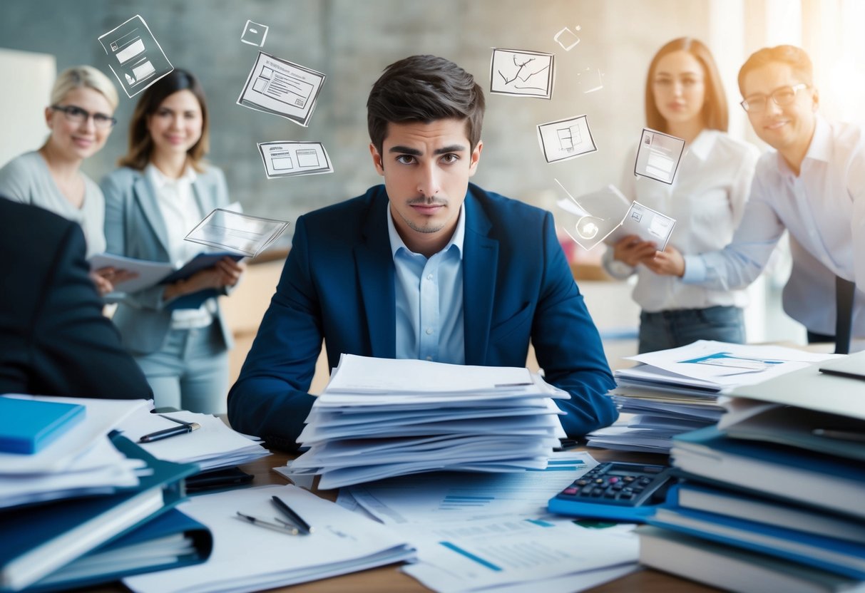 Un jeune entrepreneur entouré de soutien et de ressources, confronté à une montagne de paperasse représentant le défi de justifier ses qualifications pour des contrats publics.