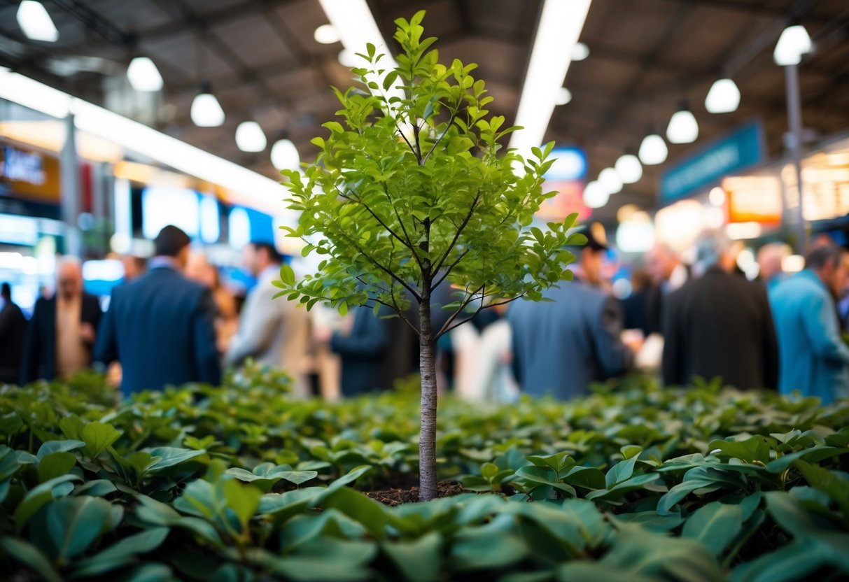 Un jeune arbre poussant parmi des arbres plus vieux et établis dans un marché animé, symbolisant une jeune entreprise naviguant à travers les défis de prouver sa valeur dans le monde concurrentiel des marchés publics.