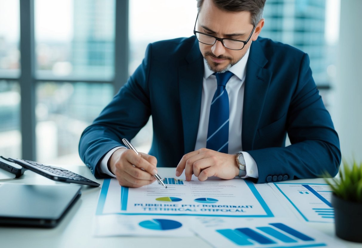 Un spécialiste des marchés publics examine et évalue soigneusement les exigences techniques et les critères d'un appel d'offres public, en mettant en évidence les éléments clés à inclure dans une proposition technique.