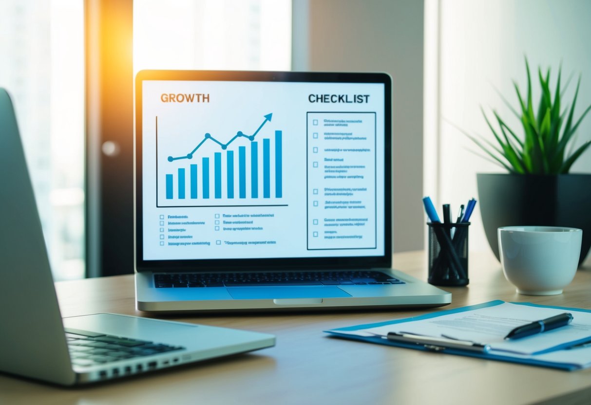 Un bureau de bureau moderne avec un ordinateur portable, des documents et un stylo. Un graphique montrant la croissance et l'innovation. Une liste de contrôle des exigences techniques.