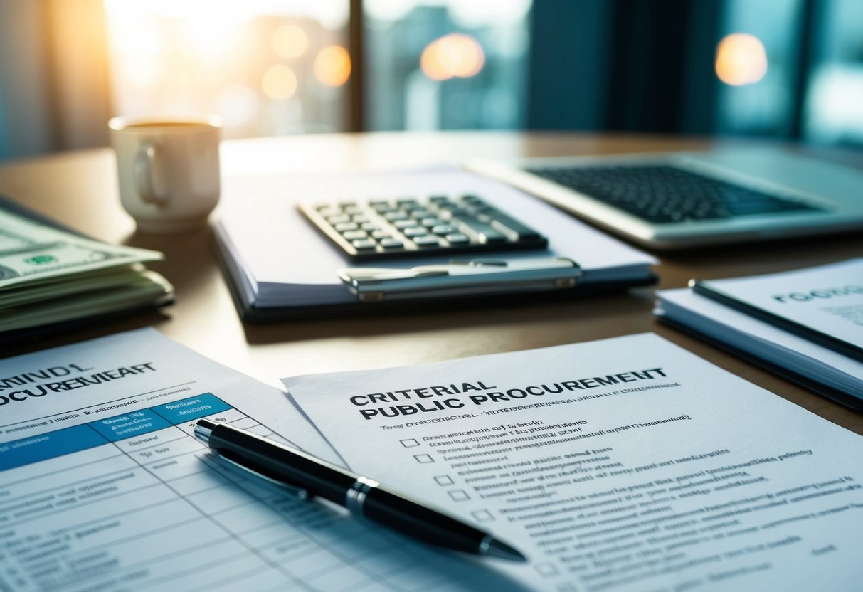 Une table avec des documents financiers, un stylo et une liste de critères pour les marchés publics