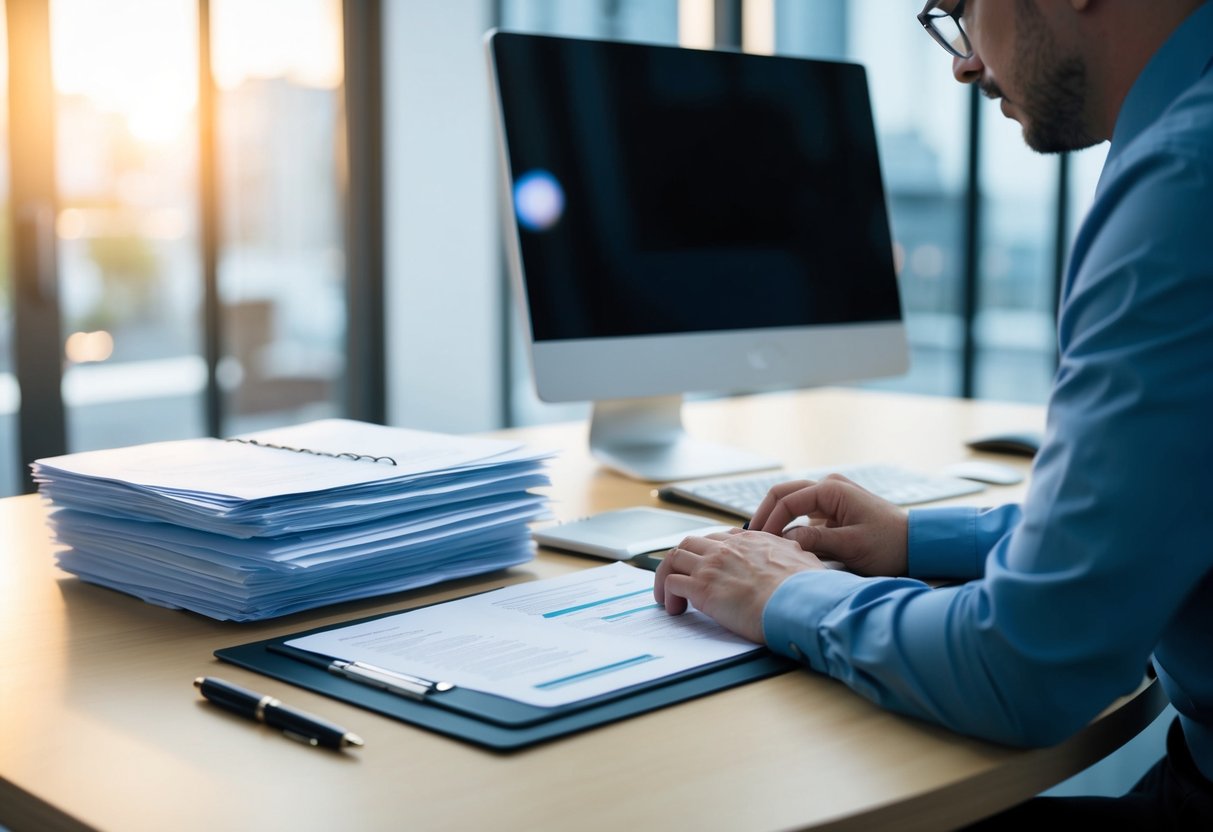 Une table avec une pile de documents, un ordinateur et un stylo. Une personne examine et compare les documents, tout en tapant sur l'ordinateur.