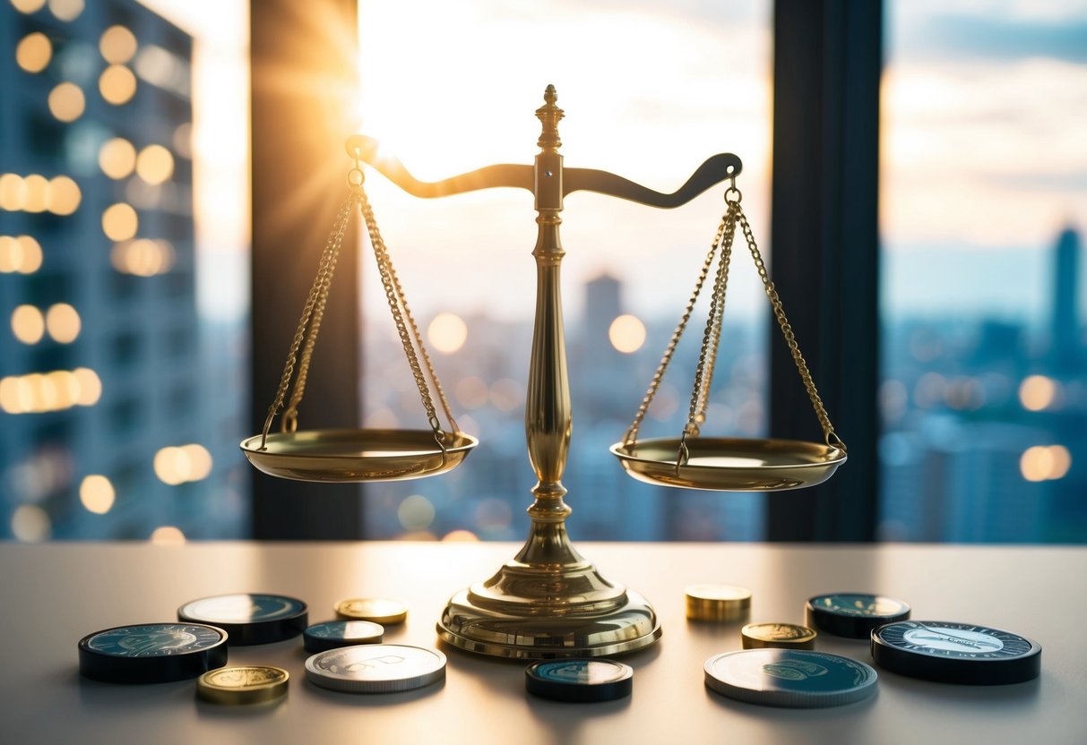Une table avec une échelle représentant la transparence et l'égalité, entourée de divers éléments symbolisant les critères de passation de marchés publics.