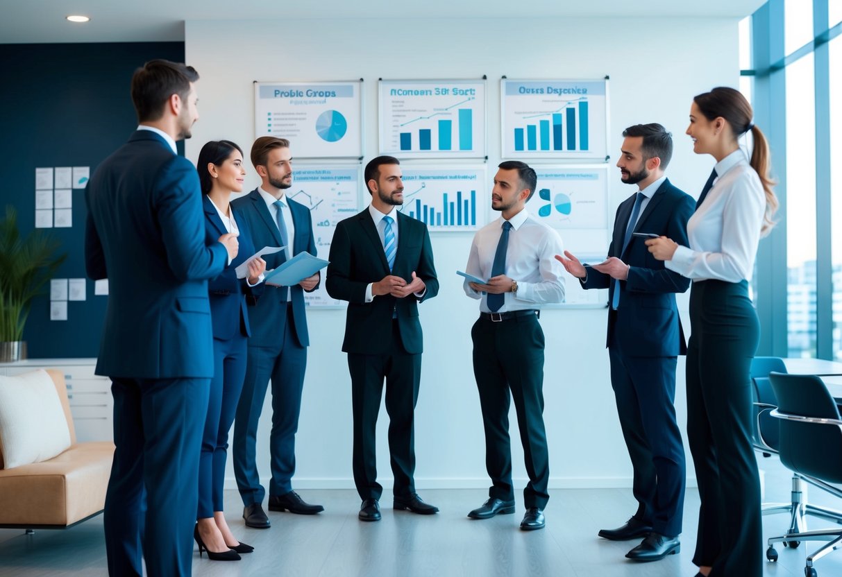 Un groupe de professionnels du secteur discutant des stratégies de tarification dans un bureau moderne avec des graphiques et des diagrammes sur le mur.