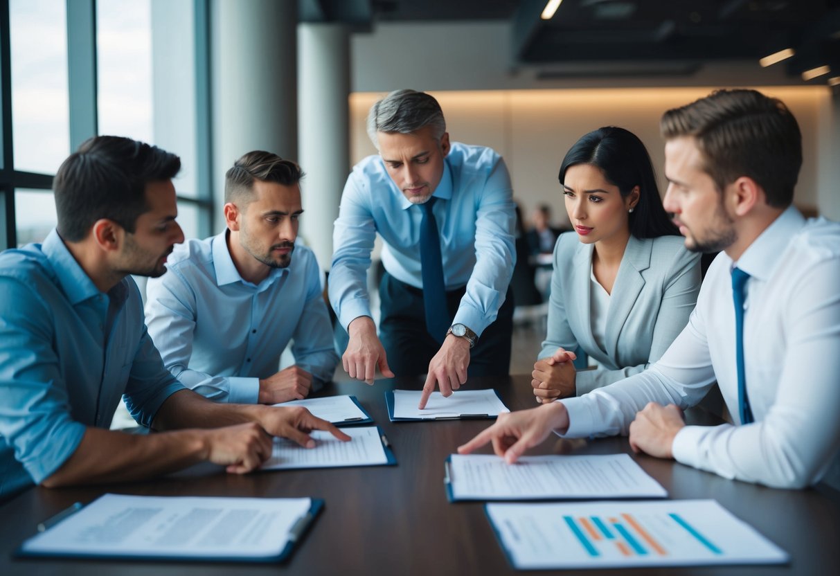 Un groupe de personnes s'est rassemblé autour d'une table, discutant et pointant des documents, avec un sentiment de tension et de scrutin dans l'air.