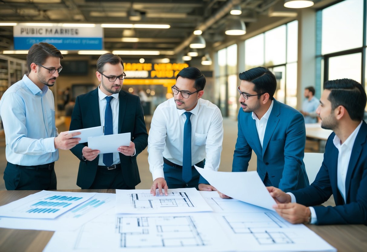 Un groupe d'architectes et d'ingénieurs discute des différentes options de conception pour un projet de marché public, présentant divers croquis et plans.