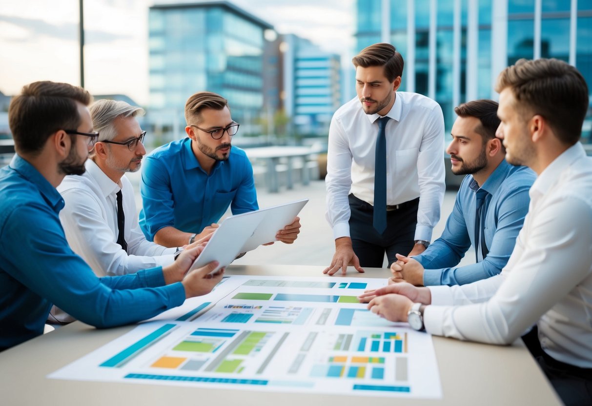 Un groupe d'architectes discutant de différents designs pour un marché public, présentant diverses options sur une grande table