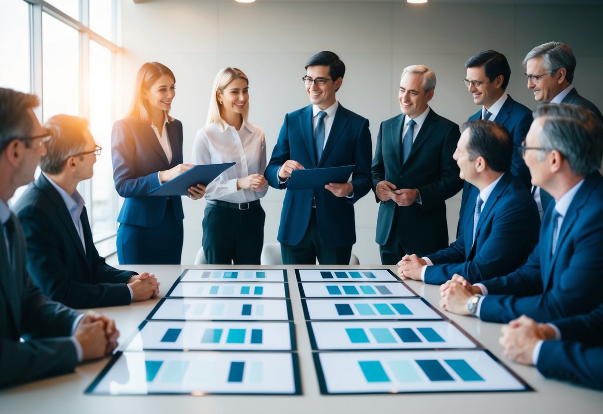 Une table avec plusieurs options de design affichées pour évaluation. Une personne présentant les variantes à un groupe de responsables.