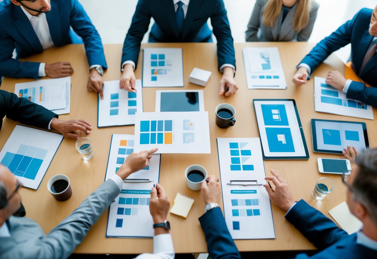 Une table avec plusieurs options de design exposées, entourée de personnes en discussion