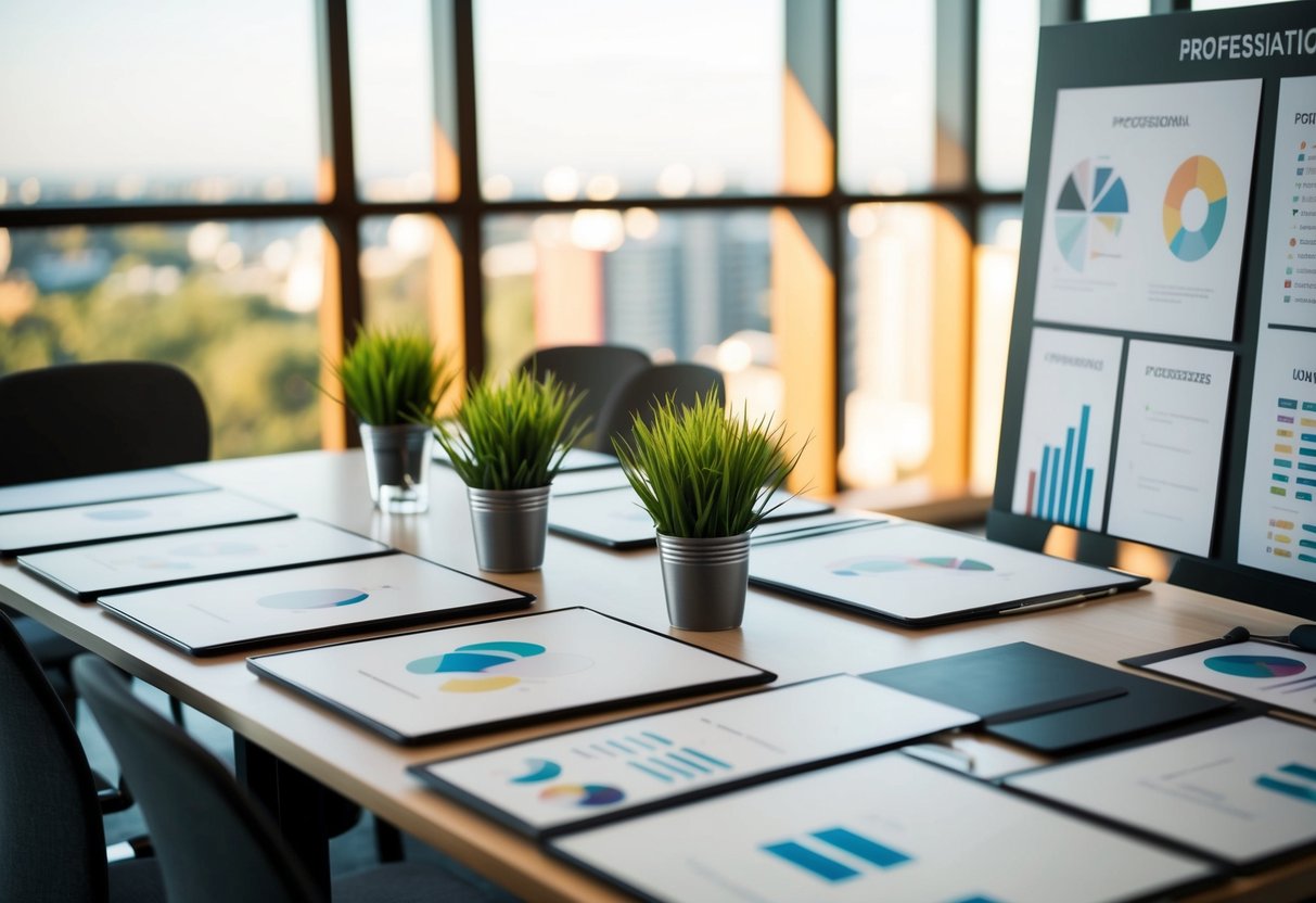 Une table avec plusieurs options de design présentées, accompagnée d'un panneau de présentation détaillé