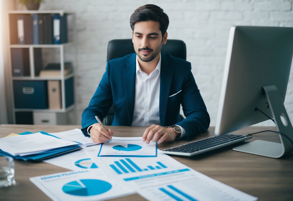 Une personne à un bureau, entourée de papiers et d'un ordinateur, calculant et présentant des propositions de marché public.