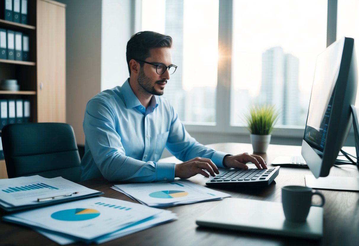 Une personne à un bureau, entourée de documents et d'un ordinateur, calculant et analysant des chiffres pour déterminer le coût des options ou PSE dans les contrats de marchés publics.