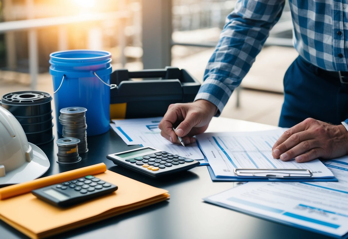 Une table avec divers fournitures et équipements de construction, accompagnée de documents et d'une calculatrice, alors que quelqu'un calcule et évalue soigneusement différentes options pour un projet de travaux publics.