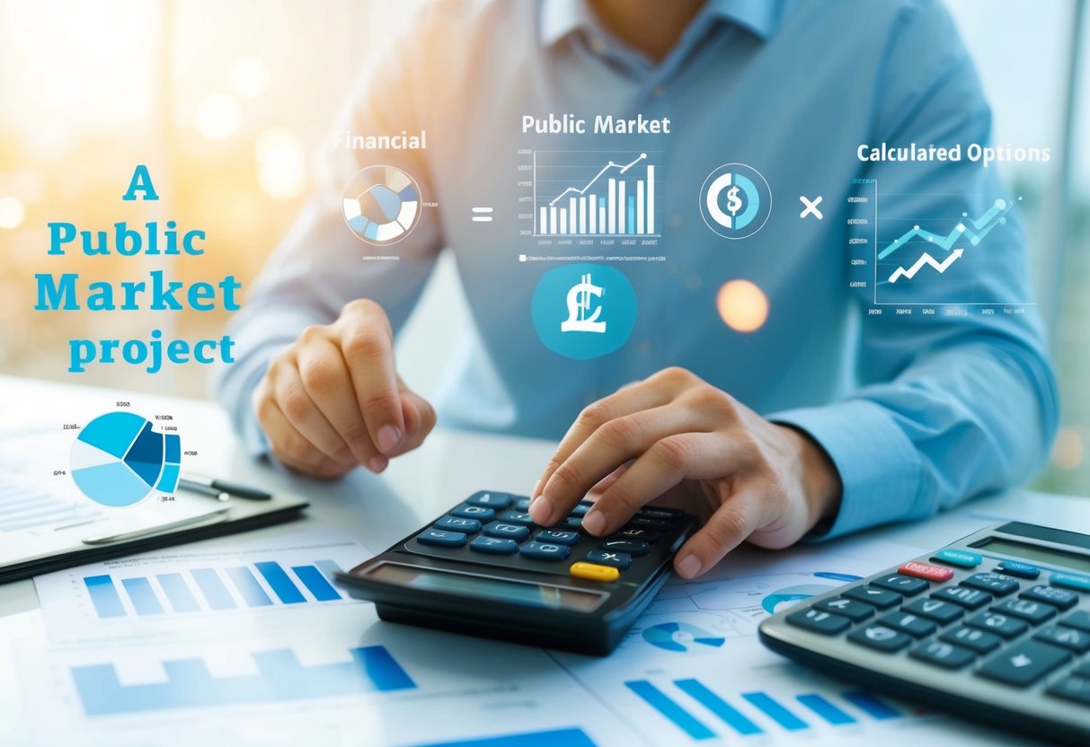 Une personne calculant et comparant différentes options financières pour un projet de marché public, entourée de graphiques, de diagrammes et d'une calculatrice.