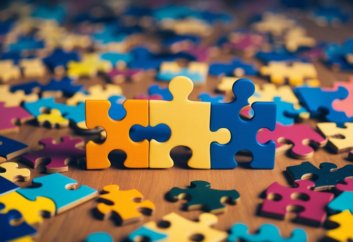 Un groupe de pièces de puzzle diverses s'assemblant pour former une forme forte et unique, se distinguant parmi une mer de formes génériques.