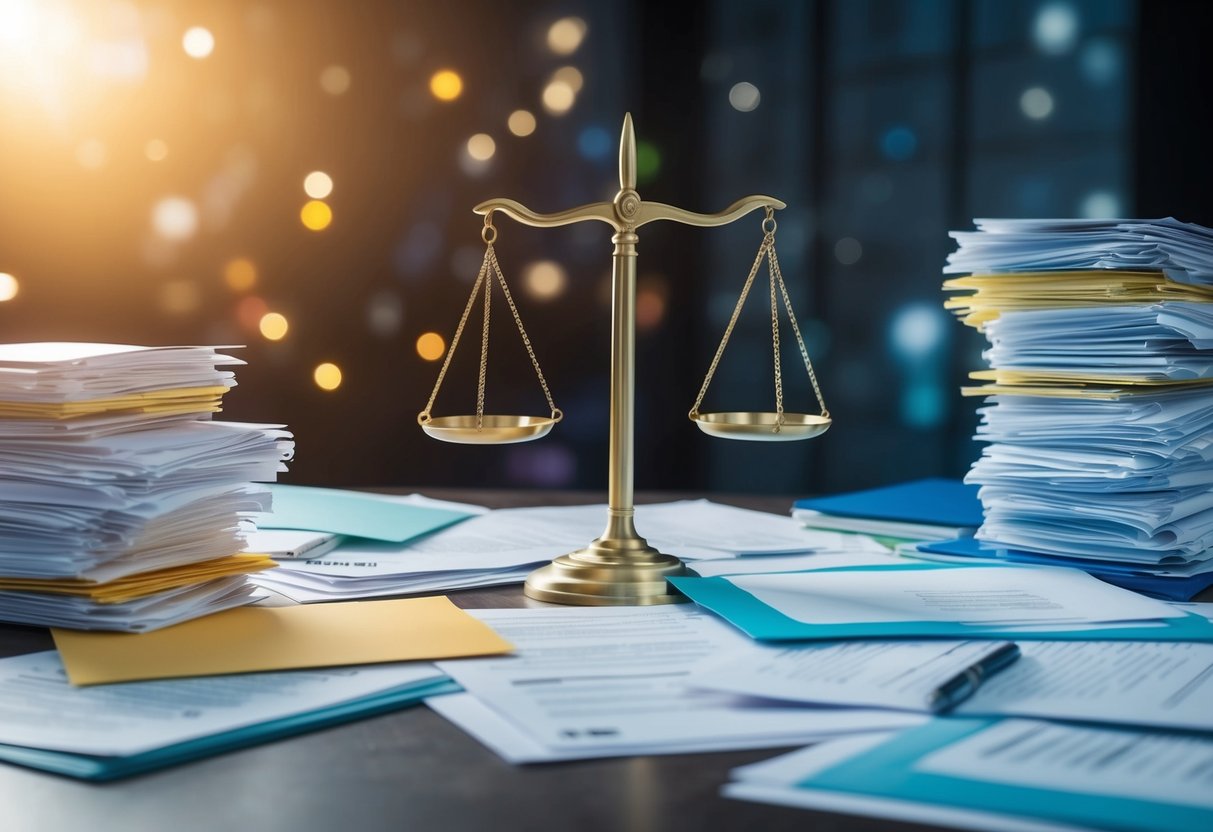 Un labyrinthe coloré de documents juridiques et de balances de la justice, avec un projecteur illuminant une pile d'avantages concurrentiels