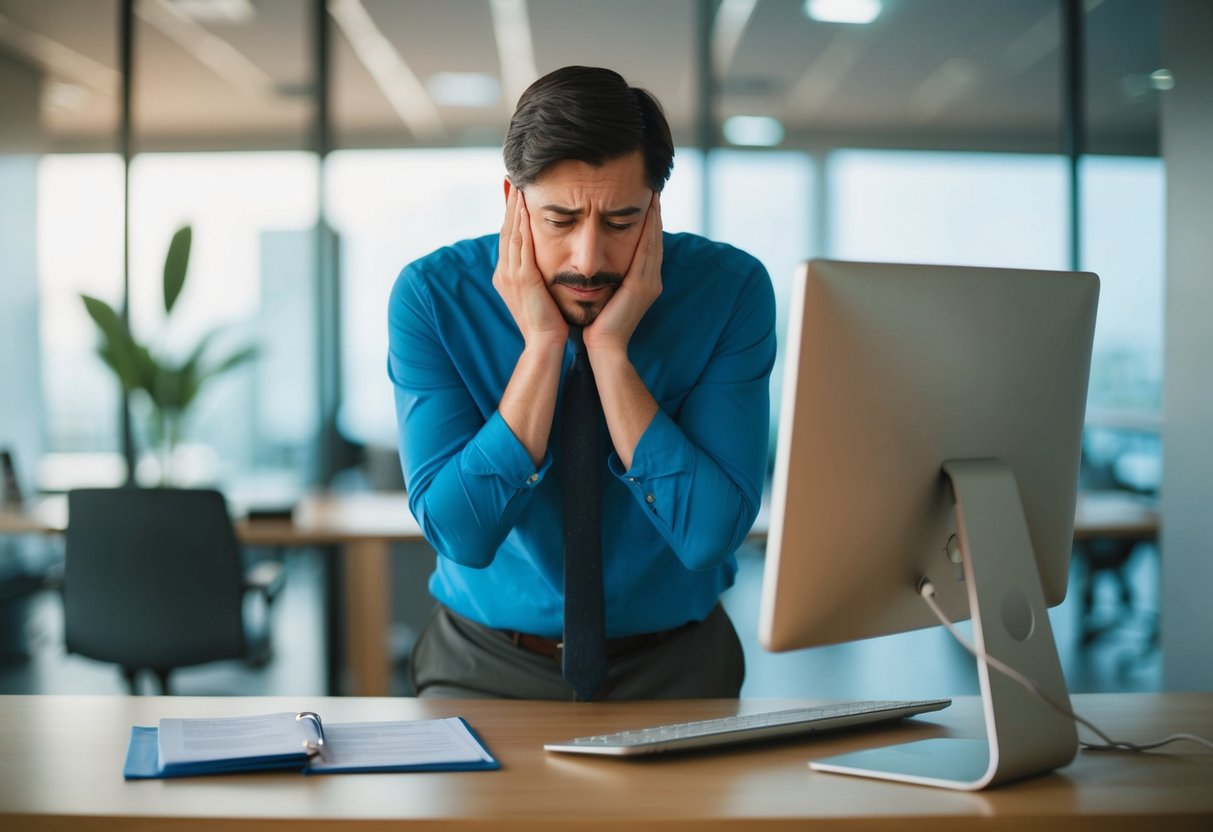 Une personne debout devant un ordinateur, ayant l'air frustrée tout en essayant de soumettre un document pour un processus de marché public.