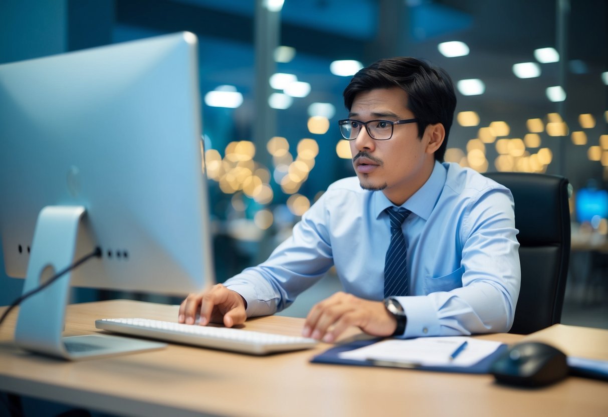 Une personne devant un ordinateur rencontrant des difficultés techniques en essayant de soumettre une offre pour un contrat de marché public.