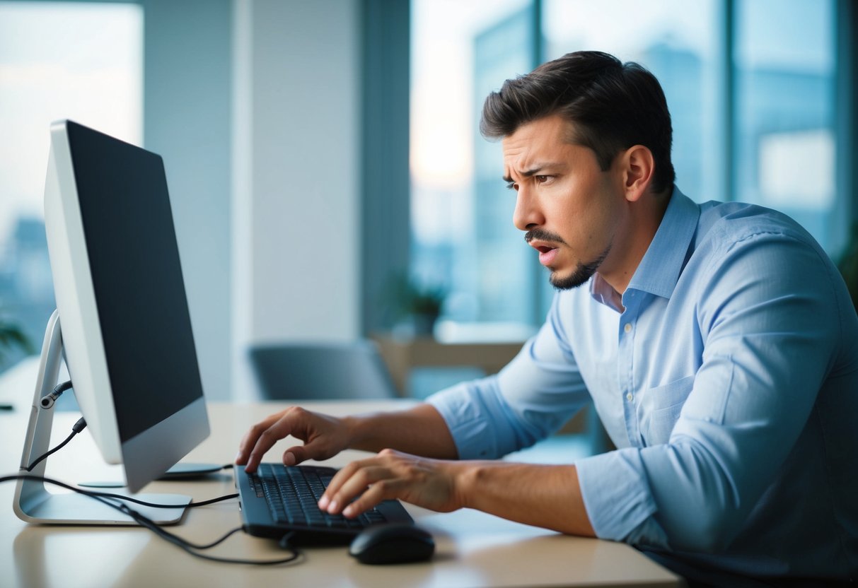 Une personne frustrée fixant un ordinateur défectueux tout en essayant de soumettre une demande de marché public.