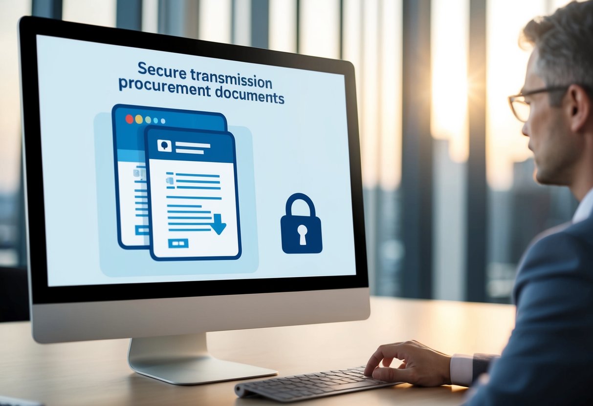 Un écran d'ordinateur affichant une transmission sécurisée de documents de marchés publics avec un message de confirmation et une icône de verrou pour une sécurité supplémentaire.
