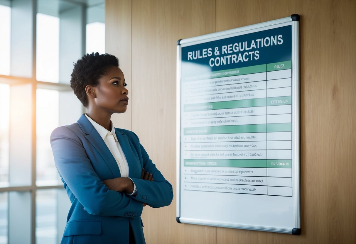 Une personne se tenant devant un tableau d'affichage avec une liste de règles et de règlements pour les contrats de marché public, ayant l'air confus et incertain.