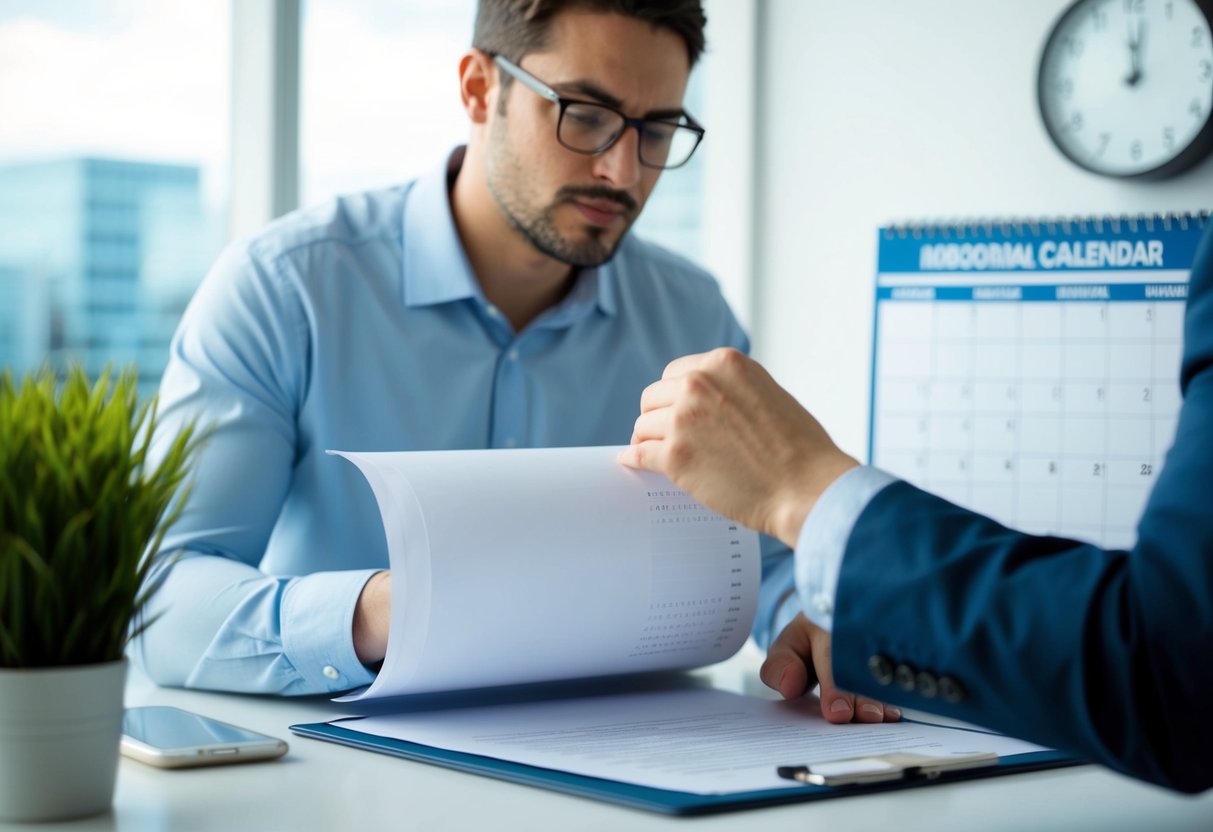 Une personne révisant et ajustant un document avant une date limite, avec un calendrier et une horloge en arrière-plan.