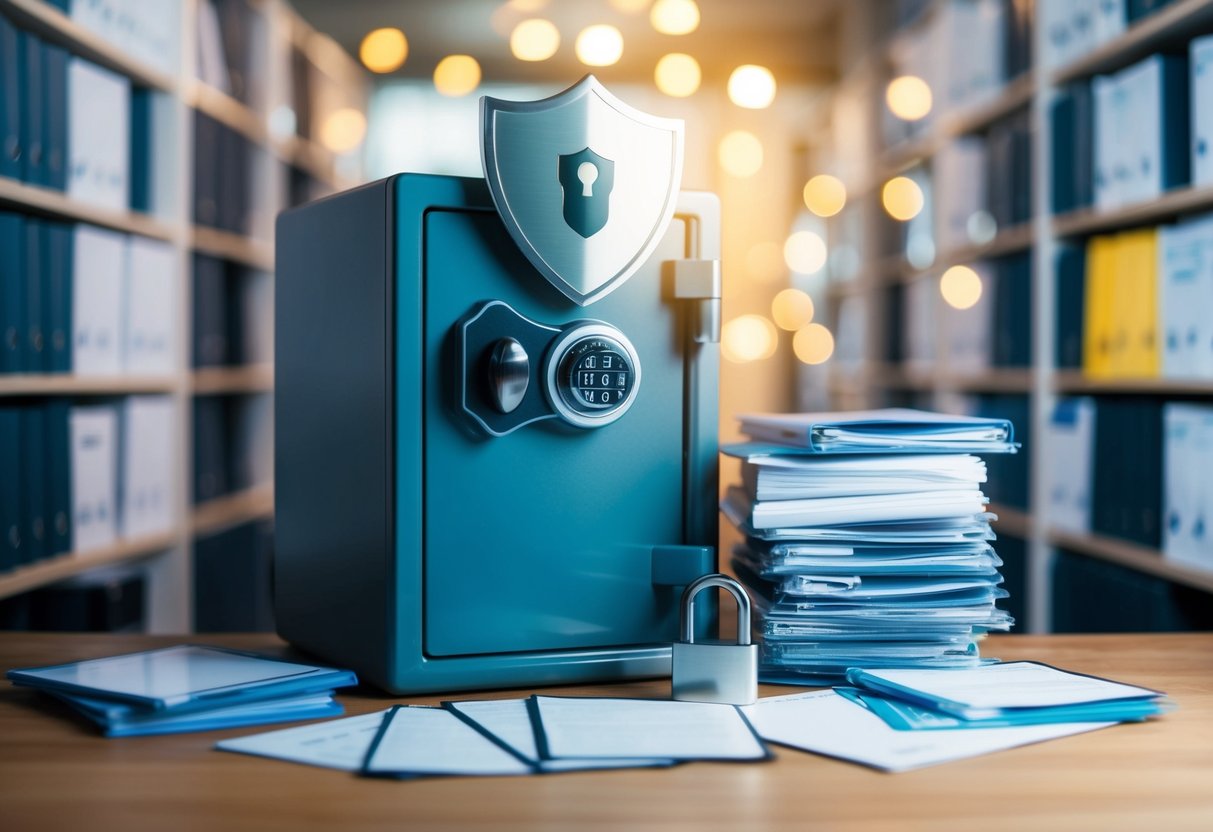 Un coffre-fort électronique sécurisé avec une serrure, protégé par un bouclier, et entouré de fichiers de données et de documents.
