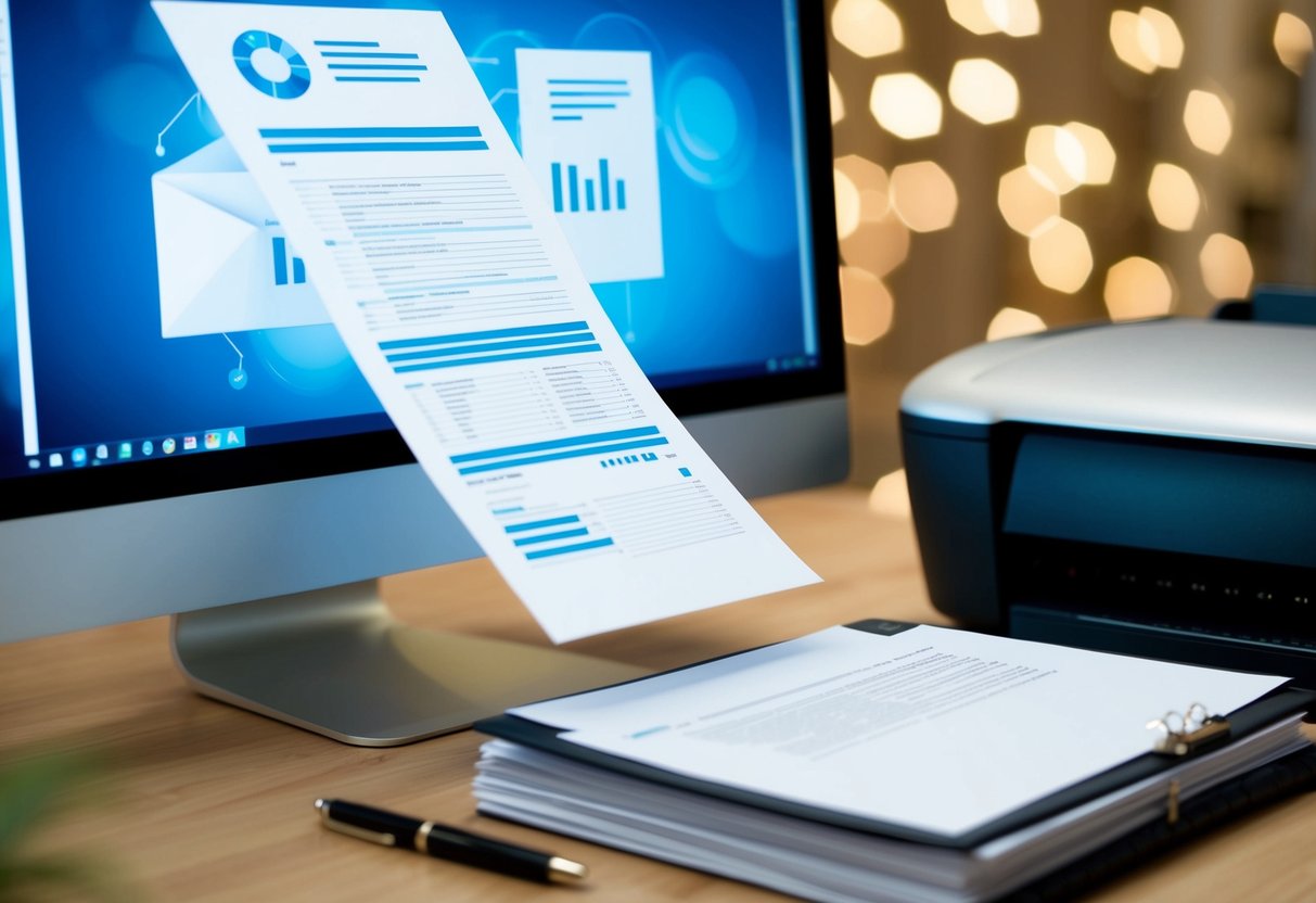 Un écran d'ordinateur affichant un document électronique en cours d'impression par une imprimante, avec une pile de papier et un stylo à proximité pour une sauvegarde manuelle.