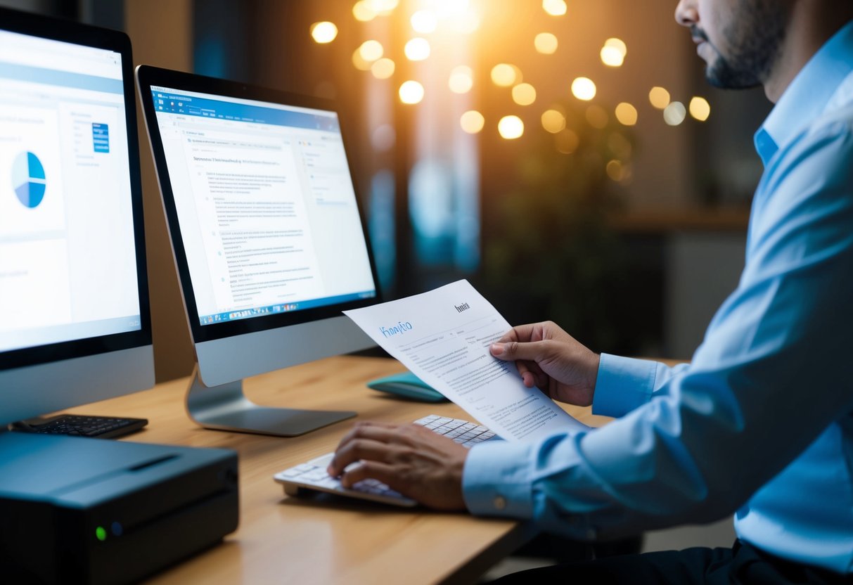 Une personne assise à un bureau avec un ordinateur et une imprimante, envoyant un document électronique tout en faisant une copie papier pour sauvegarde.
