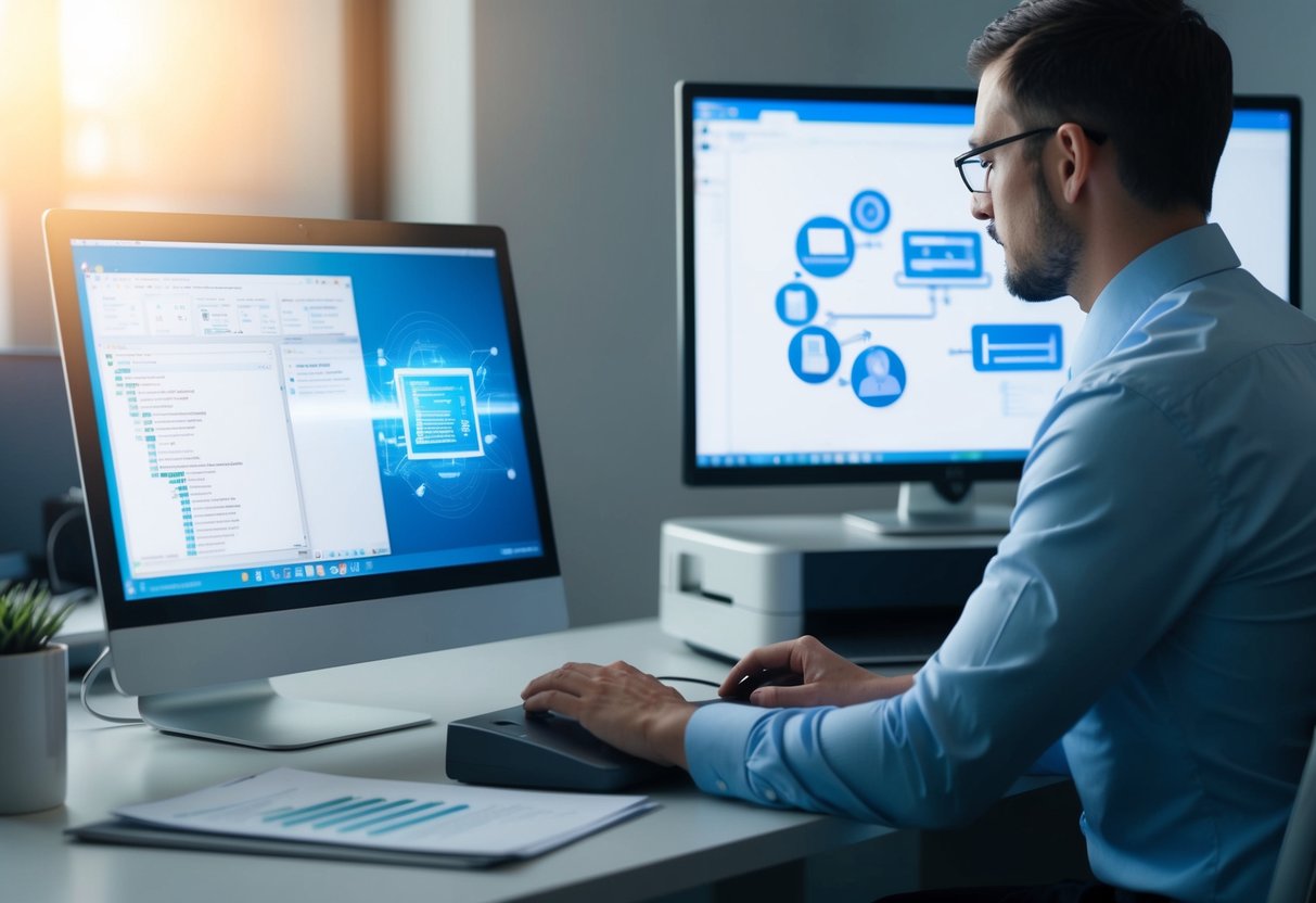 Une personne à un bureau, numérisant et imprimant des documents, avec un écran d'ordinateur montrant un processus de transmission électronique.