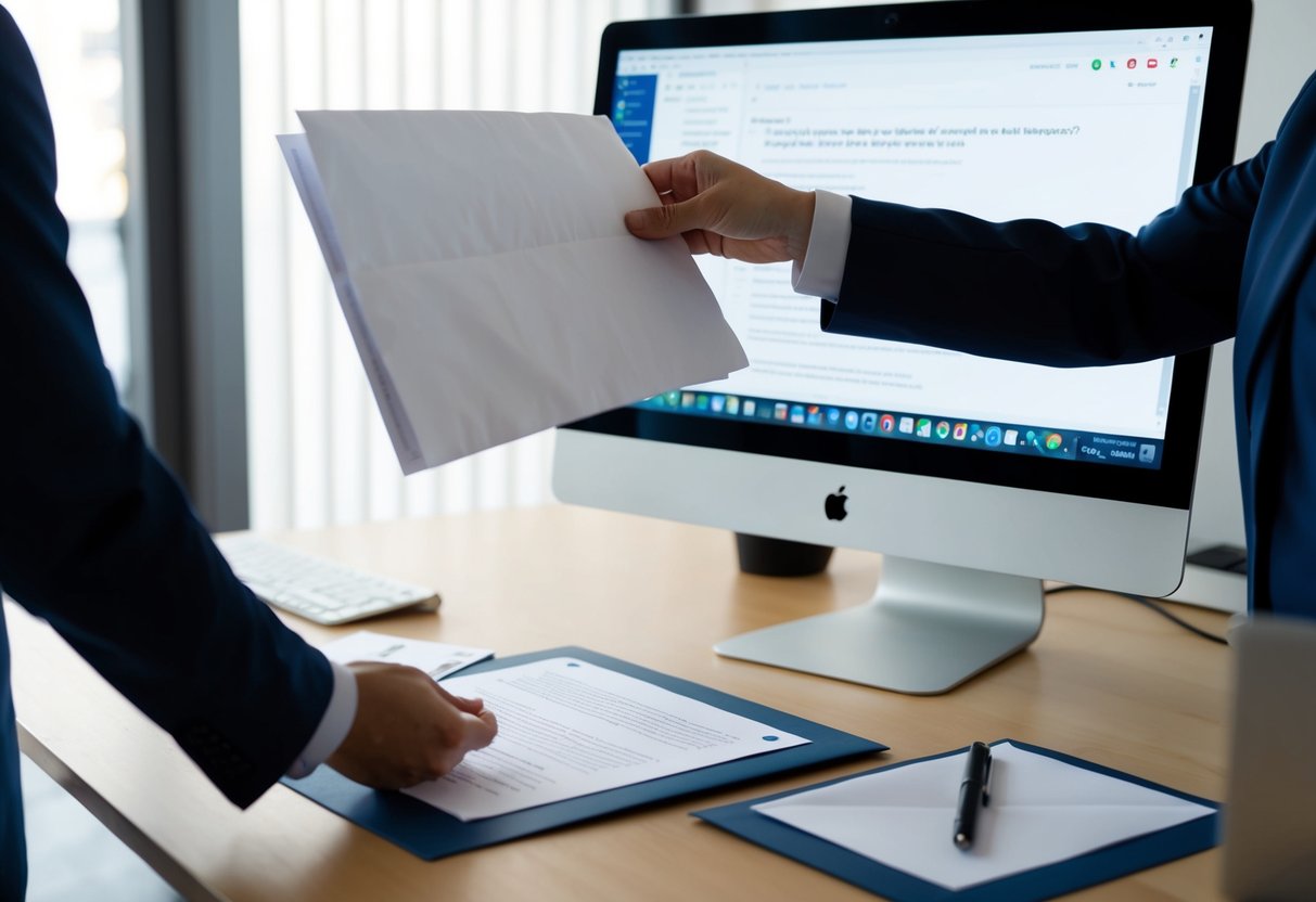 Une personne plaçant un document imprimé dans une enveloppe à côté d'un ordinateur avec un e-mail ouvert, représentant la question de savoir si une sauvegarde papier est nécessaire pour les soumissions électroniques dans les marchés publics.