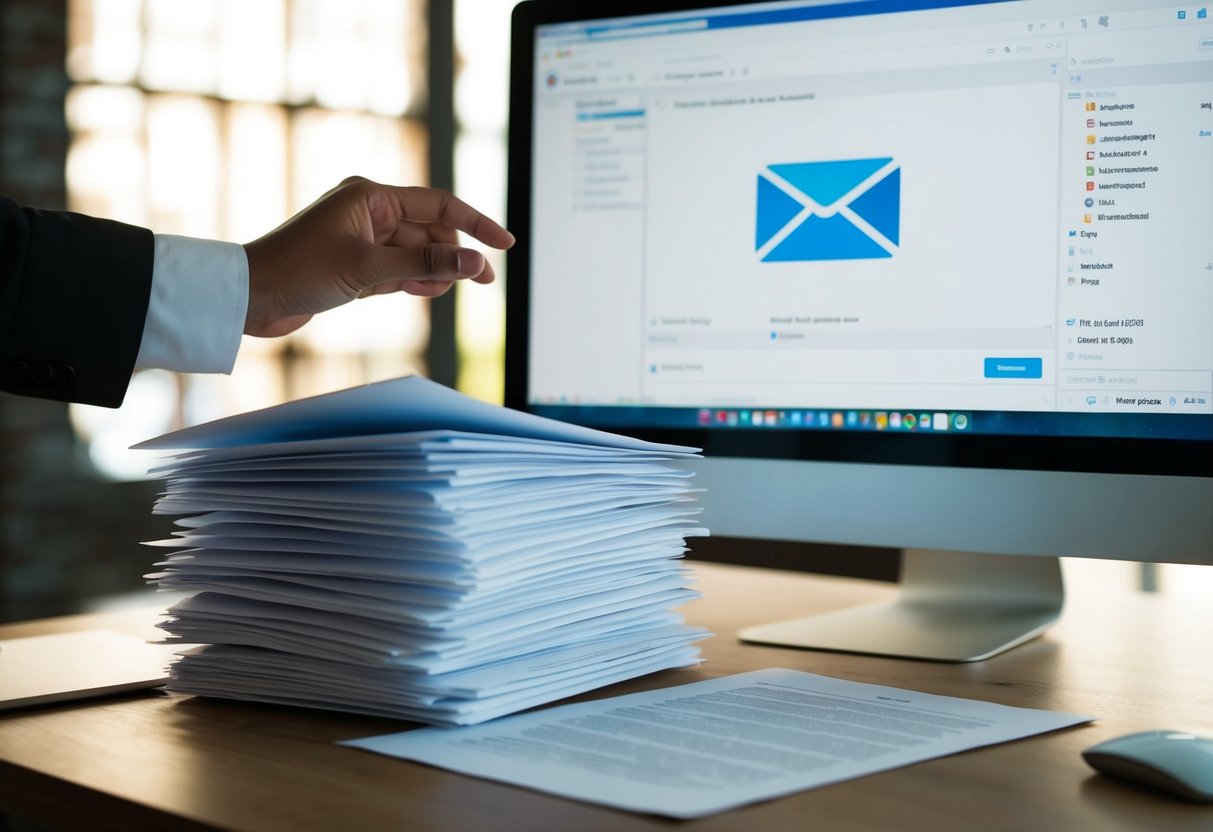 Une pile de documents imprimés à côté d'un écran d'ordinateur affichant une interface de messagerie, avec une main atteignant à la fois le papier et la souris.