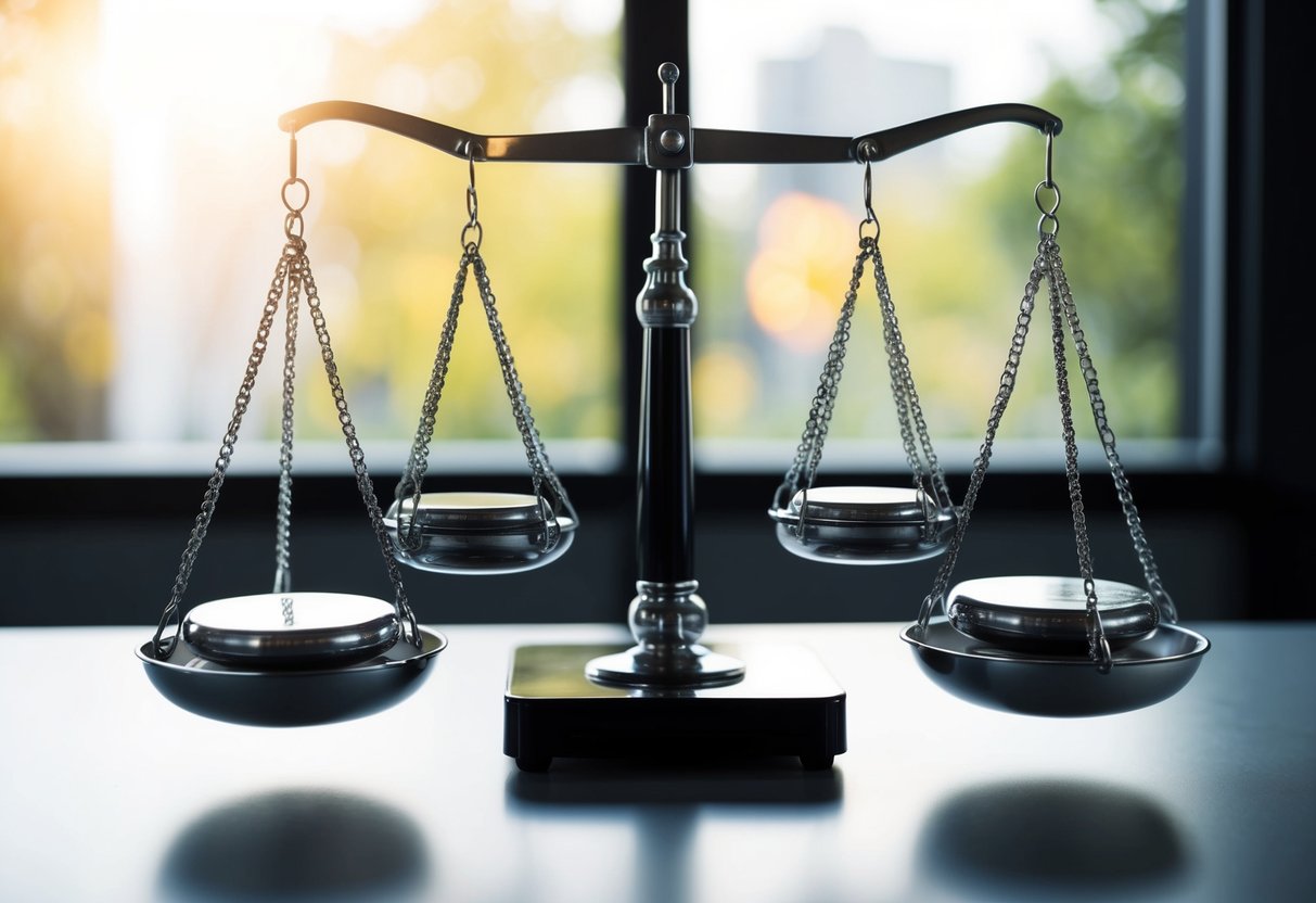 Une balance avec plusieurs poids d'un côté et un seul poids de l'autre, démontrant le concept de critères pondérés dans les marchés publics.