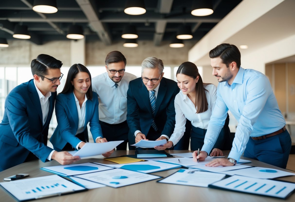 Un groupe de personnes examinant et analysant divers documents et propositions dans un cadre de bureau moderne.