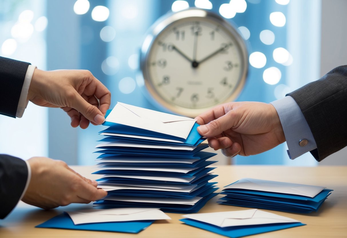 Une pile d'enveloppes scellées étant triées et examinées par une paire de mains, avec une horloge en arrière-plan montrant le passage du temps