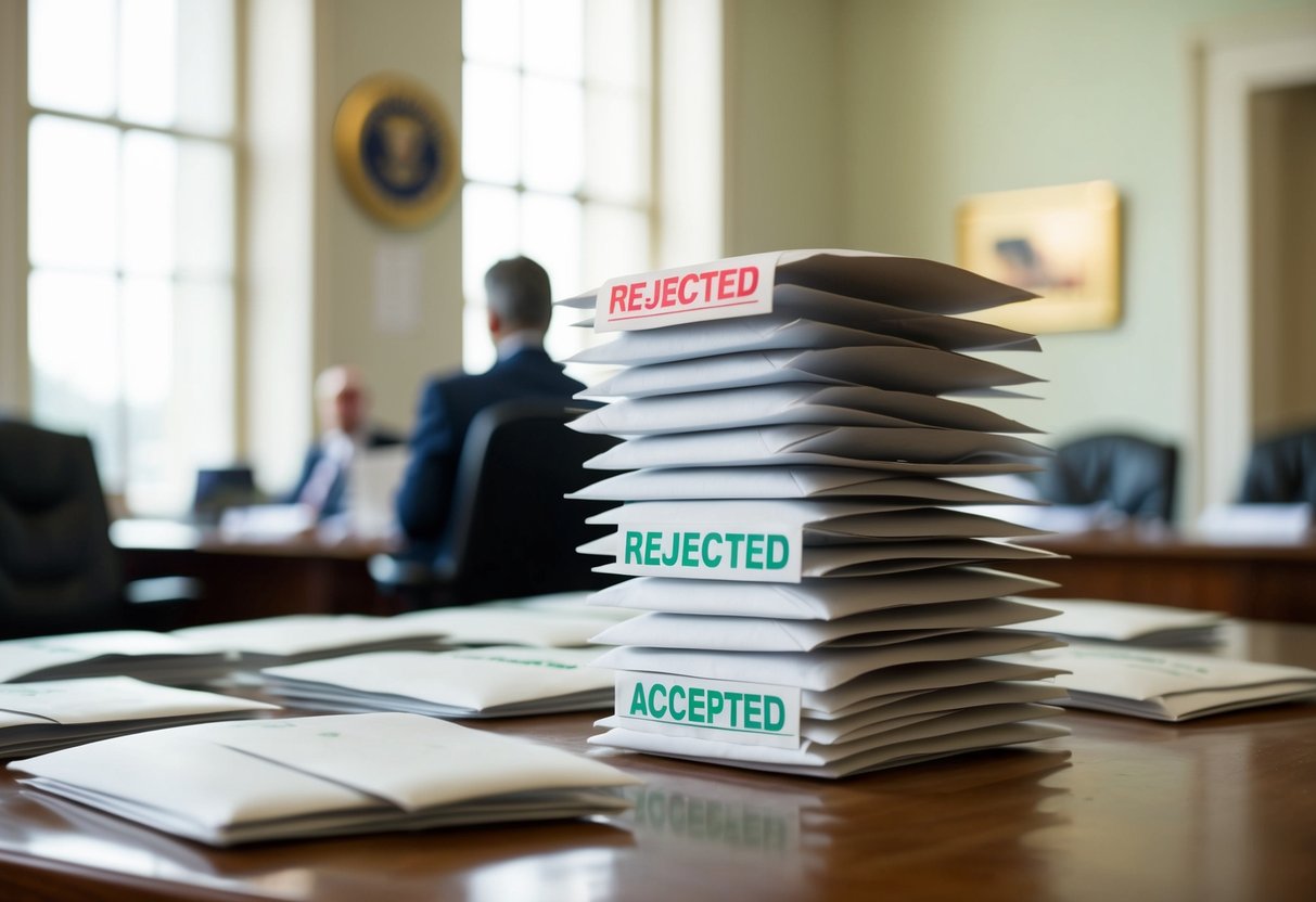 Une pile d'enveloppes scellées, certaines marquées d'un tampon rouge "rejeté", d'autres d'un tampon vert "accepté", se trouve sur une table dans un bureau gouvernemental.