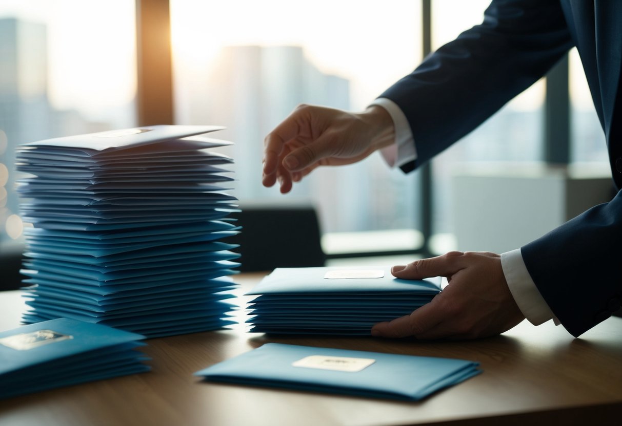 Une pile d'enveloppes scellées, certaines avec des logos officiels, repose sur un bureau. Une main s'avance pour en prendre une, tandis que les autres restent intactes.