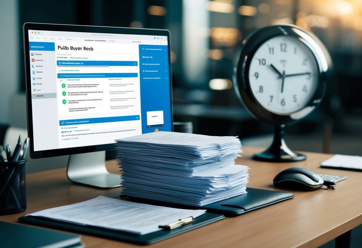 Un bureau d'acheteur public avec une pile de documents, un écran d'ordinateur affichant les résultats de notification, et une horloge indiquant une échéance qui approche.