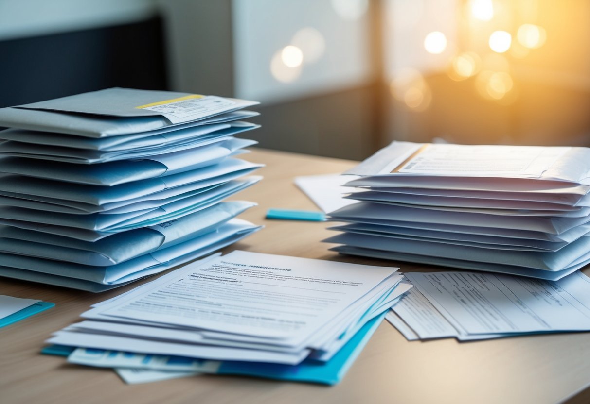 Une pile d'enveloppes scellées, certaines ouvertes, avec un mélange de documents officiels et de formulaires éparpillés sur un bureau. Une lettre de notification est posée sur le dessus.