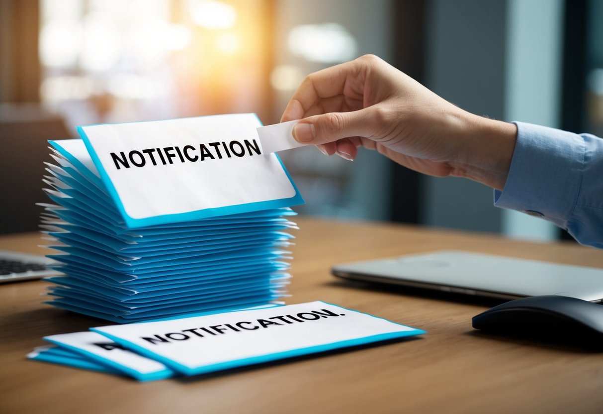 Une pile d'enveloppes scellées étiquetées "Notification" sur un bureau, avec une main s'approchant pour en ouvrir une.