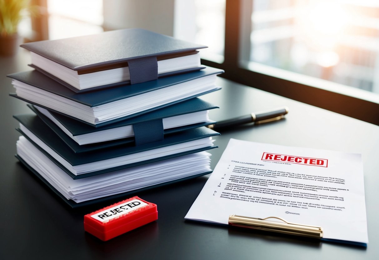 Une pile de documents juridiques et une liste de contenu requis sont posées sur un bureau, à côté d'une lettre avec un tampon rouge "rejeté".
