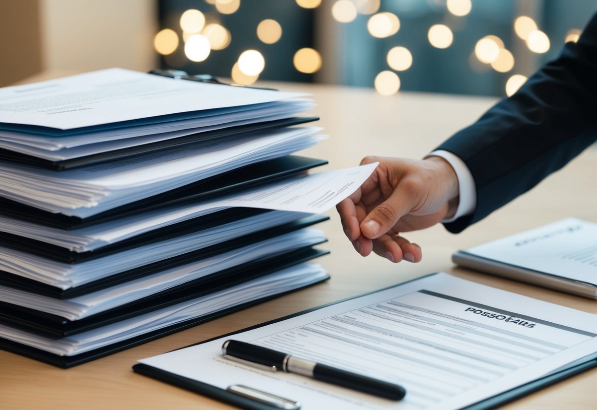 Une pile de documents et de formulaires soigneusement disposés sur un bureau, avec un stylo et un surligneur placés à côté. Une main tendue pour saisir un formulaire.