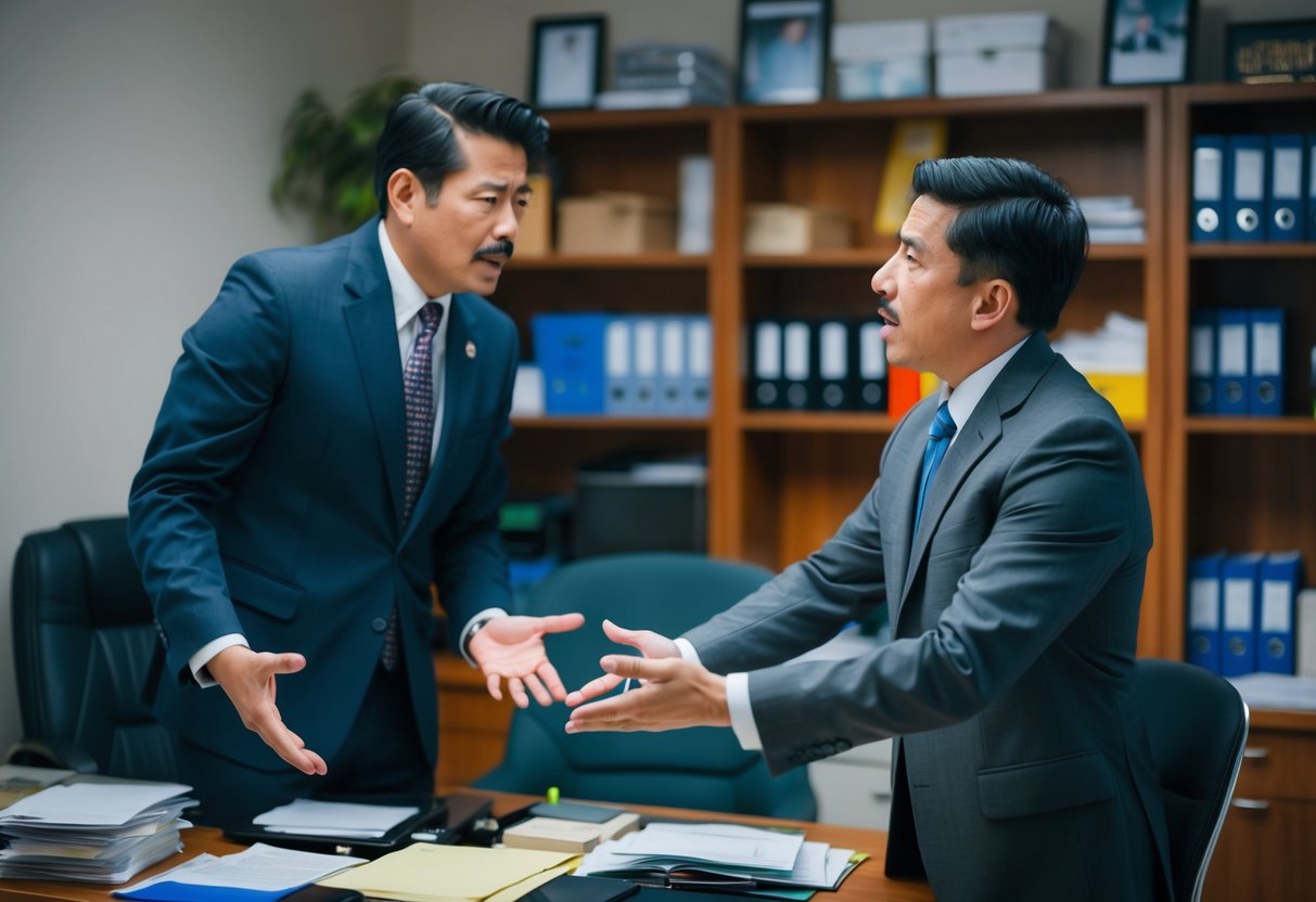 Un vendeur frustré se tient devant un fonctionnaire gouvernemental confus, gesticulant et essayant d'expliquer son offre dans un bureau en désordre.