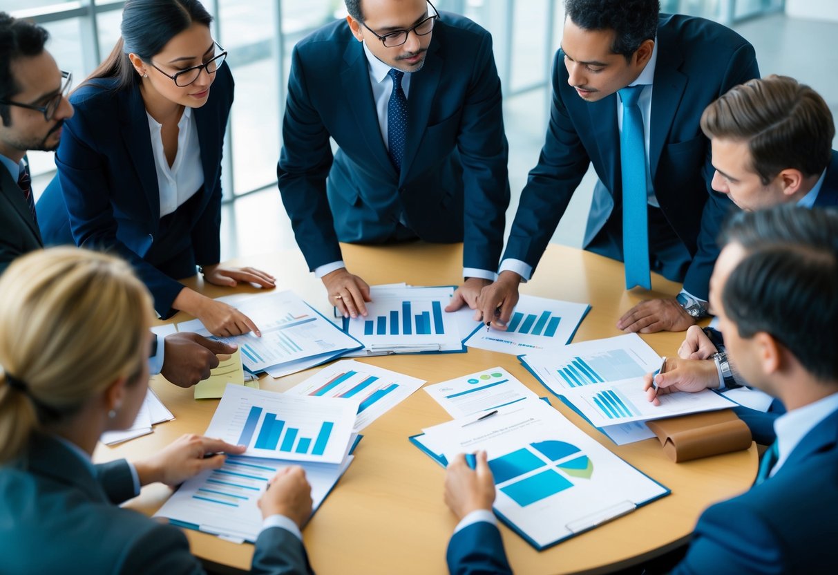 Un groupe d'individus s'est réuni autour d'une table, engagé dans une discussion et une négociation. Des graphiques et des documents sont étalés, alors qu'ils se préparent à un processus de passation de marchés publics.