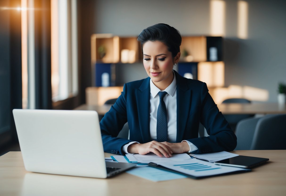 Une personne assise à un bureau avec des papiers et un ordinateur portable, se préparant pour une audition ou une négociation dans un cadre professionnel.