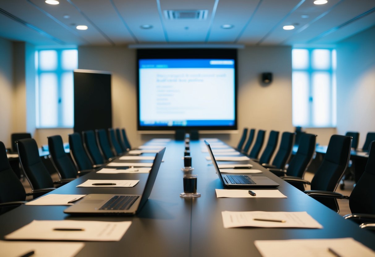 Une salle de réunion avec une longue table, des chaises et un écran de présentation. Des papiers et des ordinateurs portables éparpillés autour. Une atmosphère sérieuse et concentrée.