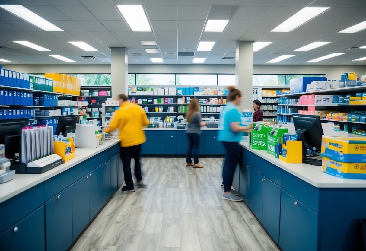 Un magasin de fournitures de bureau animé avec des étagères remplies de diverses fournitures de bureau, un comptoir de caisse et des clients parcourant les allées.