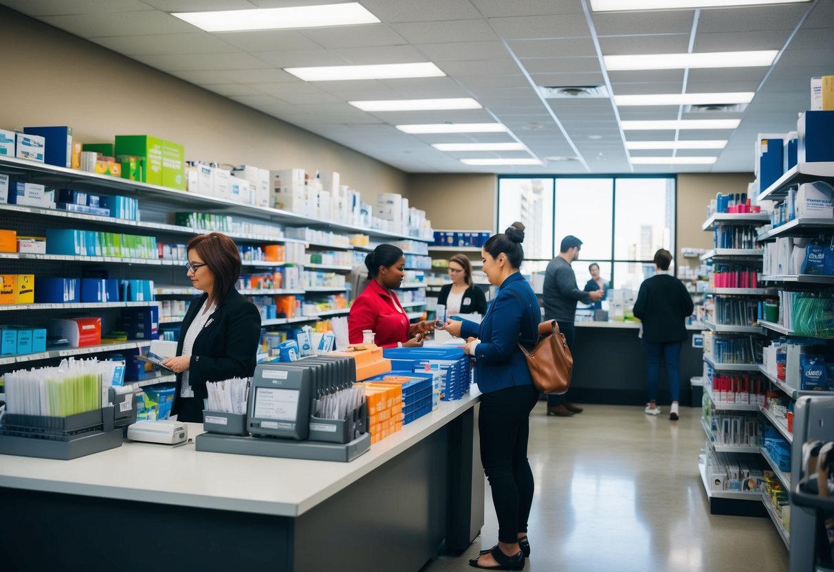 Un magasin de fournitures de bureau animé avec des étagères remplies de diverses fournitures, un comptoir pour les transactions, et des personnes qui parcourent et effectuent des achats.