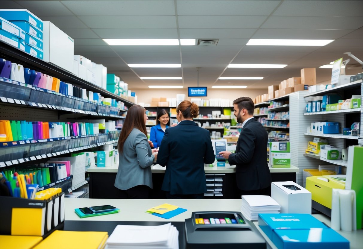 Un magasin de fournitures de bureau animé avec des étagères remplies de stylos, de papier et d'autres fournitures. Les clients et les employés interagissent au comptoir de caisse.