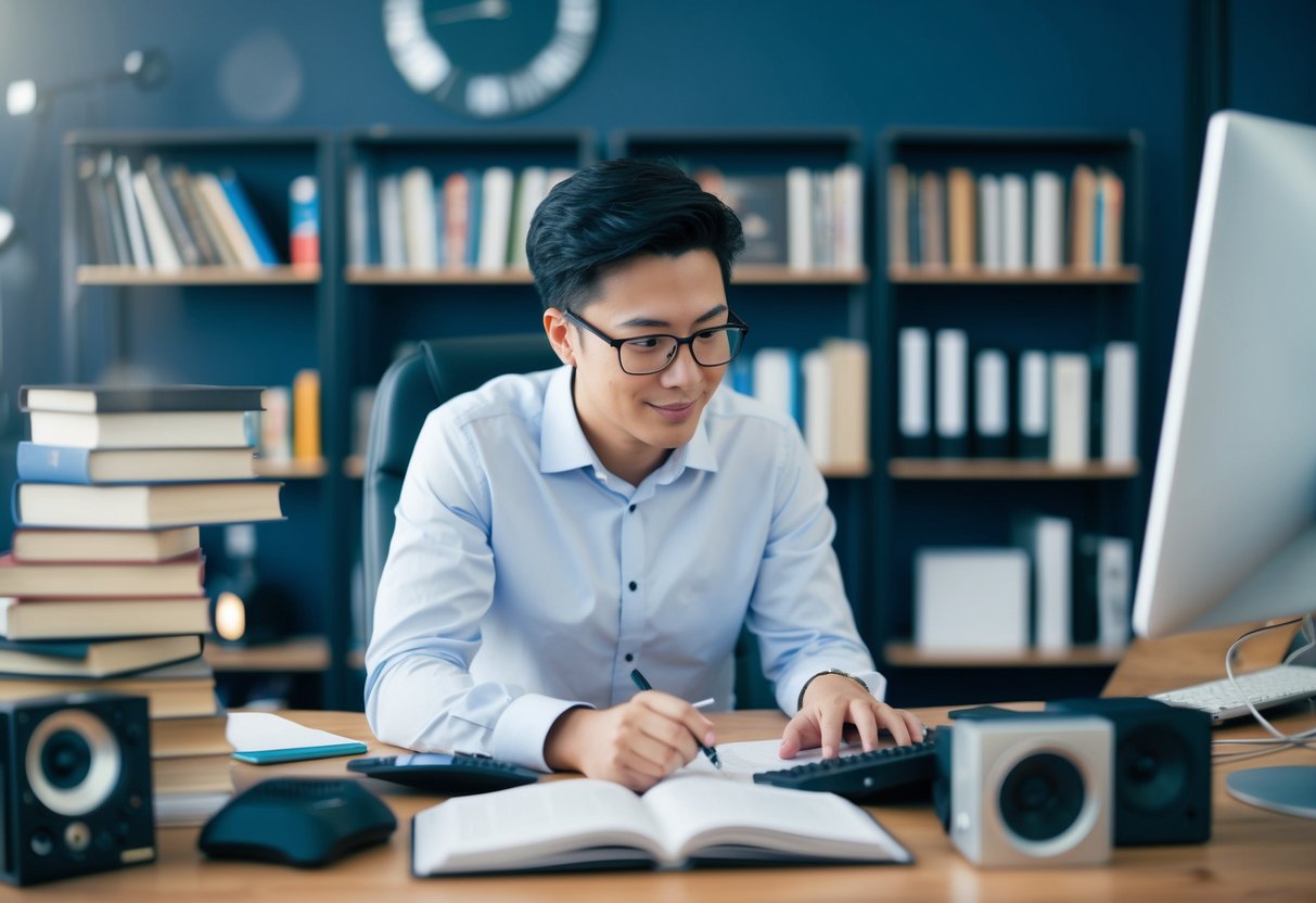 Une personne recherchant et apprenant sur l'industrie audiovisuelle, entourée de livres, d'écrans d'ordinateur et d'équipements liés à l'industrie.